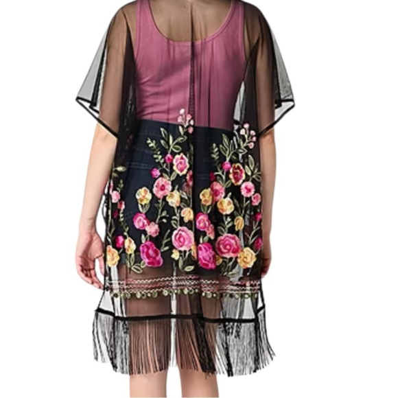 Jessica McClintock Kimono Open Cardigan Sheer Boho Embroidered Floral - Picture 7 of 8